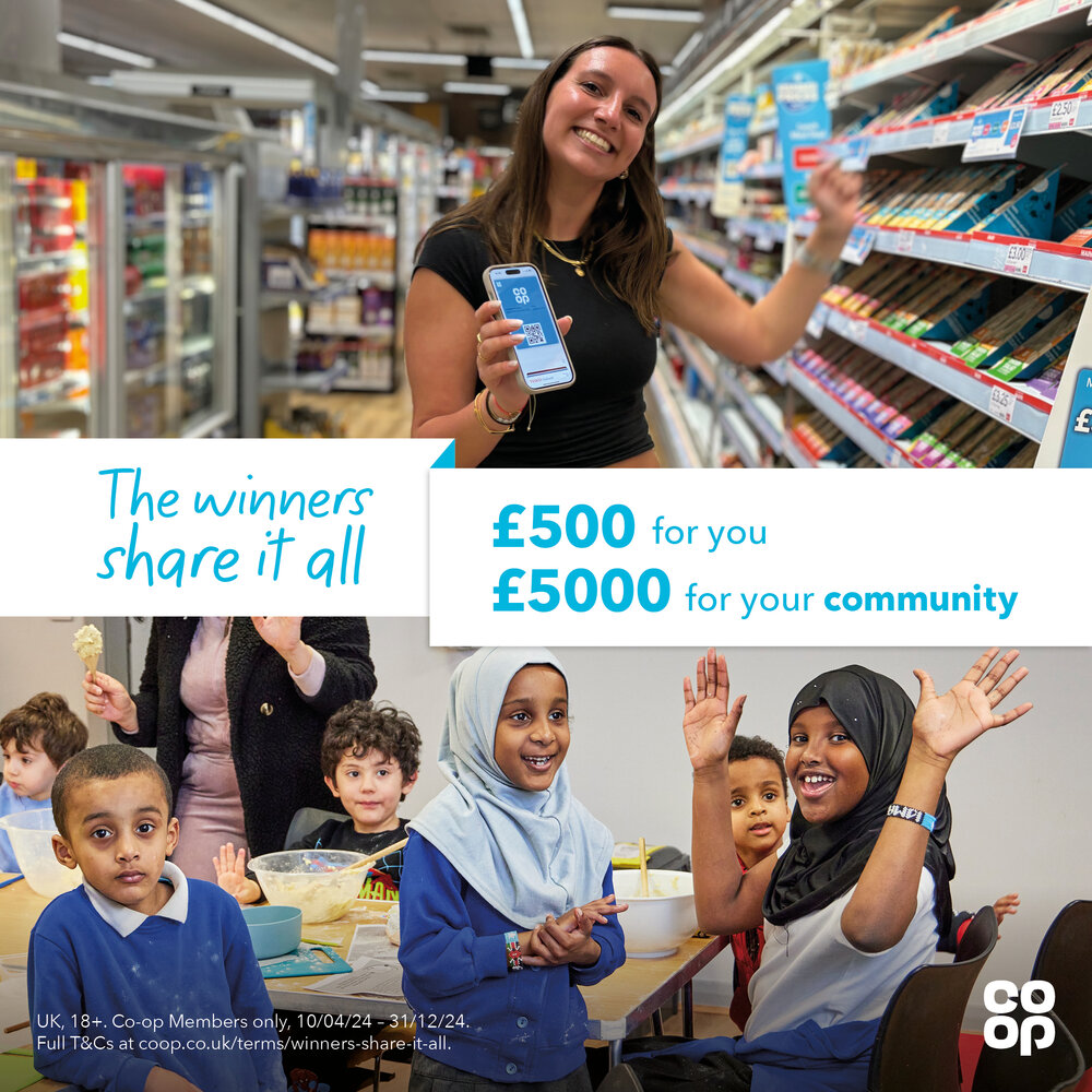 Flyer for Co-ops "The Winners Share it All" competition. The text reads "£500 for you, £5000 for your community".