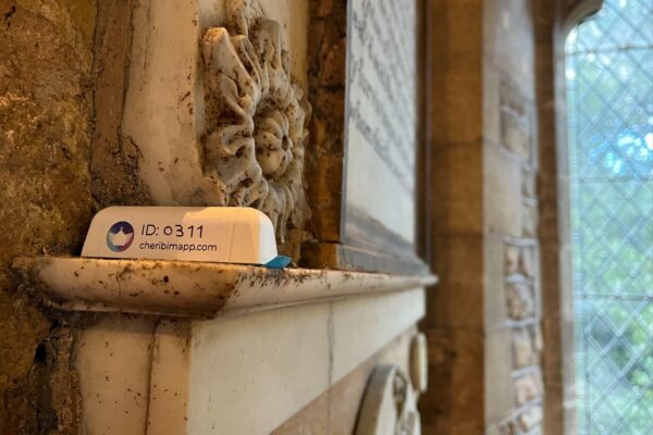 A Cheribim sensor on location in a church. It is sending temperature and humidity readings every 10 minutes